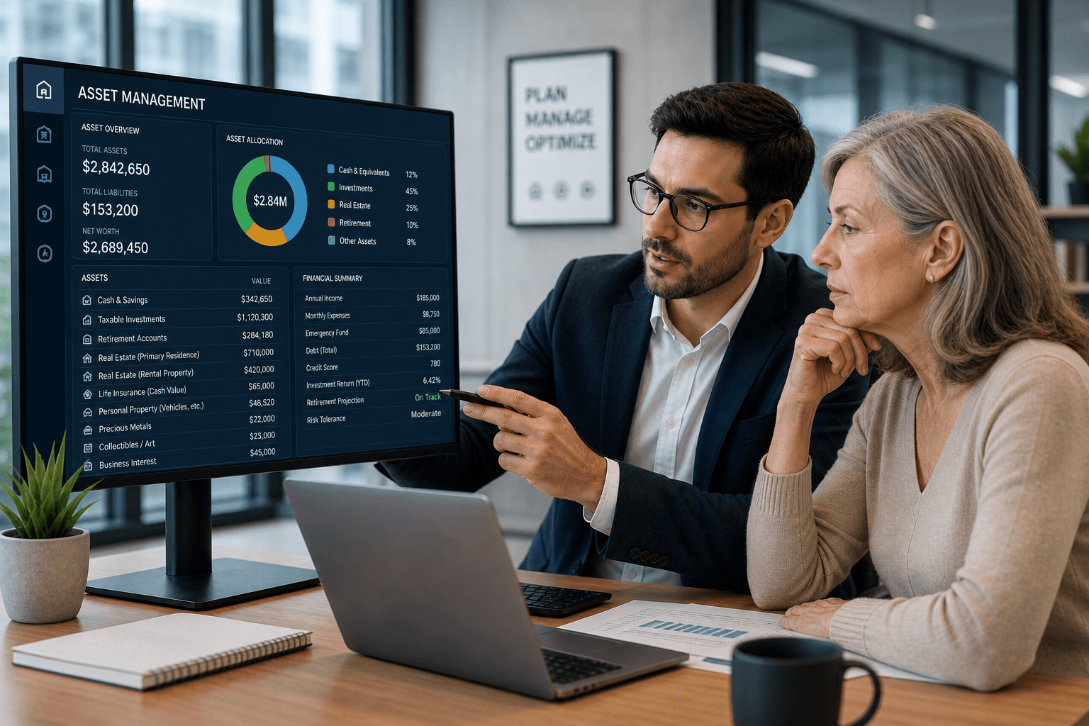 Advisor and client reviewing an asset management dashboard with portfolio overview, allocation, and financial summary.